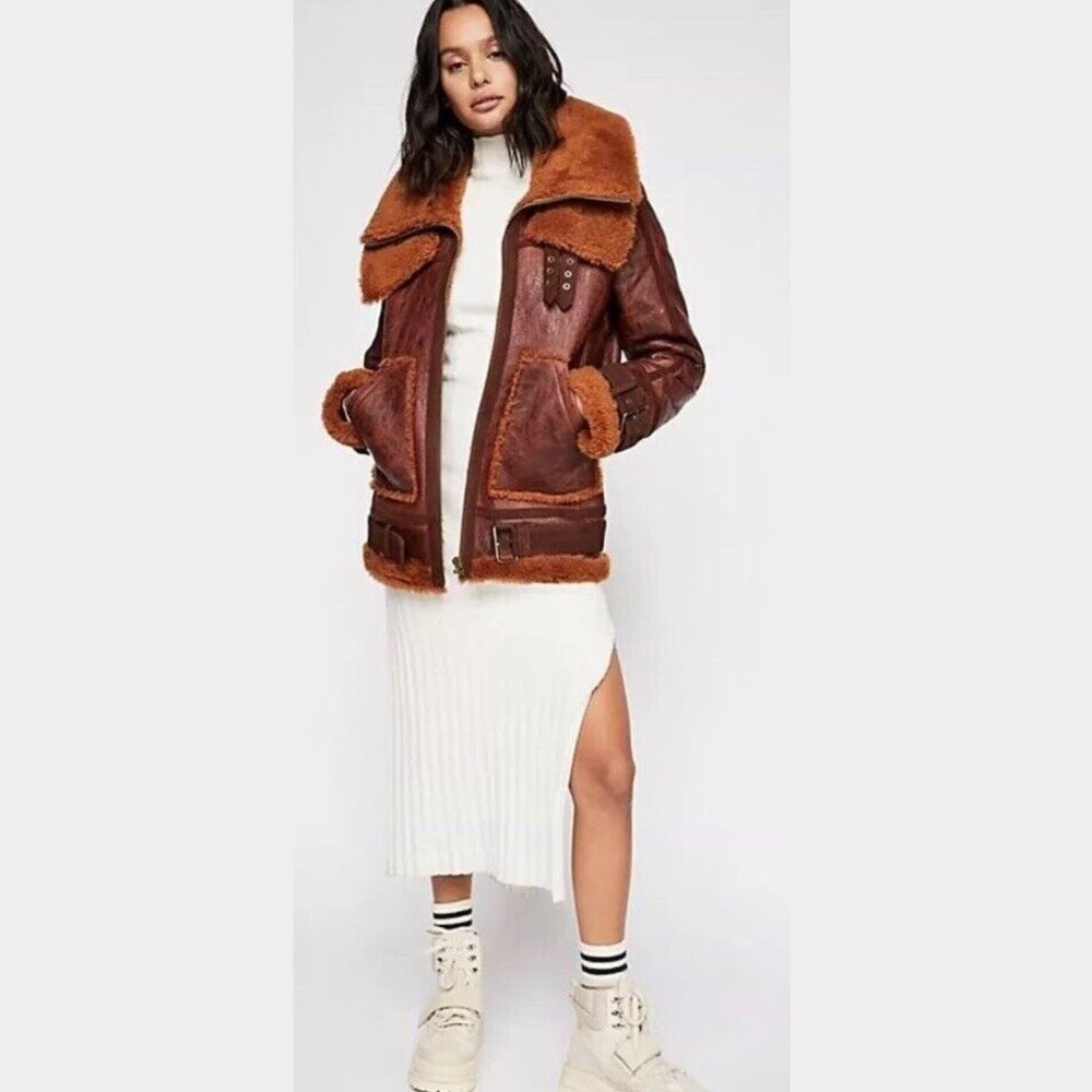 Free People Brown Shearling-Lined Aviator Jacket - Women's